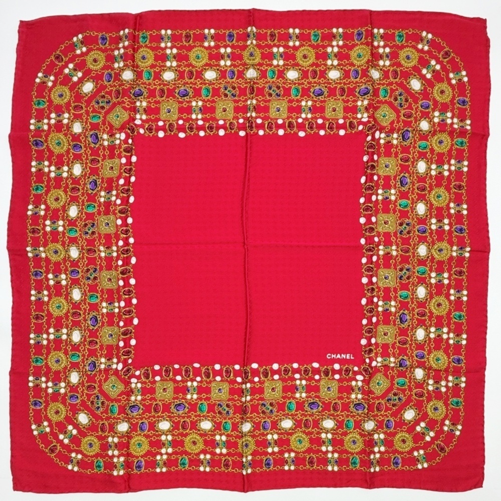 Chanel scarf/muffler, Coco Mark, Gripoix silk, red and gold, large size.